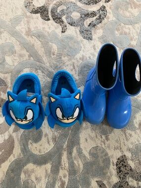 UGG blue kids rain boots and H&M Blue Sonic Character Slipper  CCO